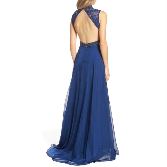 Mac Duggal 62383 Beaded Lace Hi Slit Chiffon Gown